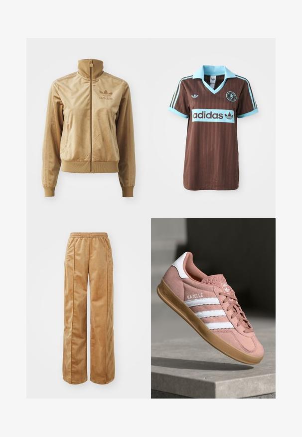 Jaqueta de veludo bege com fecho éclair e gola alta. Apresenta punhos e bainha canelados, bolsos laterais e logótipo bordado no peito.; Camisa de desporto castanha com colarinho azul-claro e detalhes em riscas. Logótipo "Adidas" bem visível no peito.; Calças largas em tom bege feitas de um material suave e aveludado. Apresentam uma cintura elástica e costuras verticais na frente para um detalhe adicional.; Sapatilhas em camurça rosa com riscas brancas, sola de borracha, parte superior texturizada e logótipo na língua. Design clássico de cano baixo.