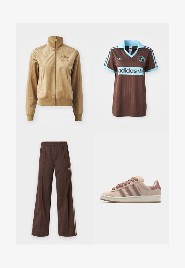 Tan velour zip-up jacka med hög krage. Har ribbade ärmslut och nederkant, sidofickor och broderad logga på bröstet.; Brun atlettröja med en ljusblå krage och randiga detaljer. "Adidas"-logotypen är tydligt synlig över bröstet.; Bruna träningsbyxor med vida ben, vita sidostrippar, resår i midjan och två sidofickor. Har en liten logotyp på benet.; Rosa mockaskor med tre mörkare rosa ränder, runda snören och en vit mellansula. Designad med en vadderad krage för komfort.