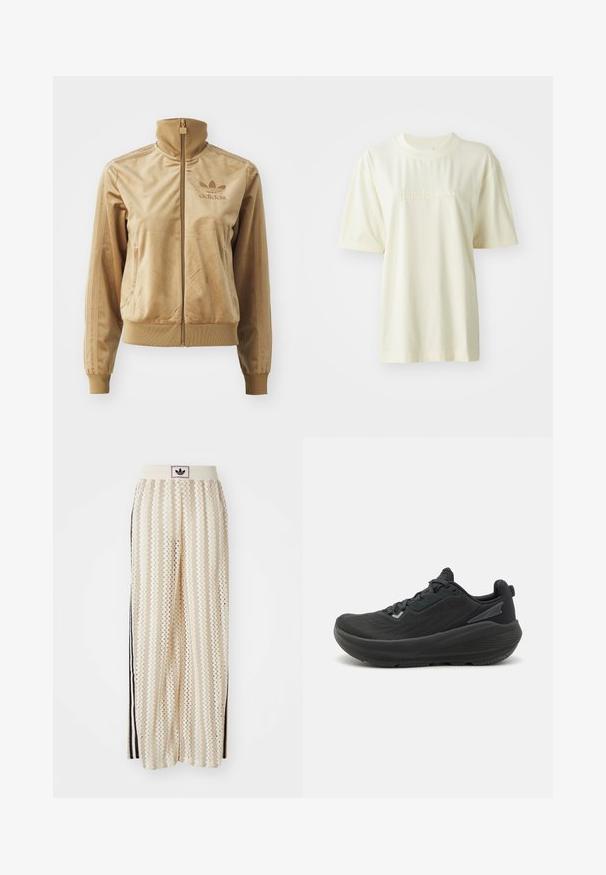 Veltīgs bēšs ar zips aizdara žakets ar augstu apkakli. Satur ribotās aproces un apakšmala, sānu kabatas un izšuvumu uz krūts.; Krēmkrāsas kokvilnas T-krekls ar apaļu kakla izgriezumu, īsām piedurknēm un reljefu "adidas" logotipu uz krūts. Gluda tekstūra un brīvs piegriezums.; Krēmbalti plaša piegriezuma bikses ar zigzaga rakstu, ar melnu logotipa jostu un melnām sānu svītrām. Viegls, teksturēts audums.; Melna sporta kurpe ar izsmalcinātu dizainu, teksturētu augšdaļu ar sietu un mīkstinātu pēdu, kas nodrošina atbalstu.