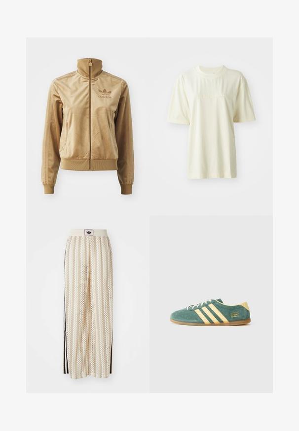 Giacca zip-up in velluto color sabbia con colletto alto. Presenta polsini e orlo a coste, tasche laterali e logo ricamato sul petto.; T-shirt in cotone color crema con collo tondo, maniche corte e logo "adidas" in rilievo sul petto. Tessuto morbido e vestibilità rilassata.; Pantaloni a gamba larga color crema con un motivo a zigzag, dotati di una fascia in vita nera con logo e strisce nere laterali. Tessuto leggero e testurizzato.; Scarpa in suede verde con dettagli gialli e tre strisce. Punta arrotondata, suola piatta in gomma e logo del marchio ben visibile sul lato.