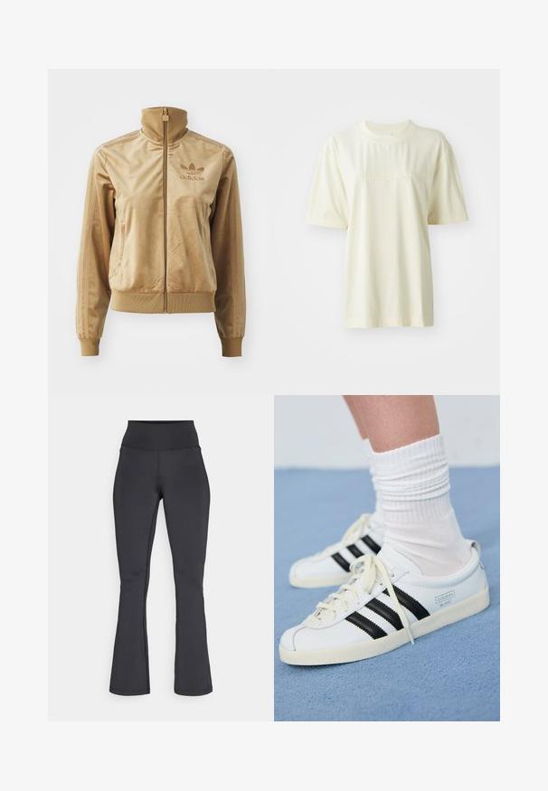Giacca zip-up in velluto color sabbia con colletto alto. Presenta polsini e orlo a coste, tasche laterali e logo ricamato sul petto.; T-shirt in cotone color crema con collo tondo, maniche corte e logo "adidas" in rilievo sul petto. Tessuto morbido e vestibilità rilassata.; Leggings nere a vita alta a campana con cuciture visibili, realizzati in un tessuto elasticizzato e liscio, mostrati distesi su uno sfondo bianco.; Sneakers di pelle bianca con strisce nere, suola crema e lacci chiari. Indossati con calze bianche a coste, posizionati su uno sfondo blu.