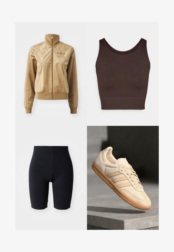 Tan velours zip-up jack met een hoge kraag. Bevat ribgebreide boorden en zoom, zijzakken en een geborduurd logo op de borst.; Bruine geribbelde crop top, met een ronde halslijn en een aangesloten ontwerp. Gemaakt van rekbare stof voor een comfortabele pasvorm.; Zwarte, aansluitende shorts gemaakt van glad, rekbaar materiaal. Ze hebben een hoge tailleband en een strakke, minimalistische uitstraling zonder zichtbare sluitingen.; Lichtbeige suède sneaker met een gumrubberen buitenzool, drie diagonale strepen en een textuur op de neus. Voorzien van een logo op de tong en de zijkant.