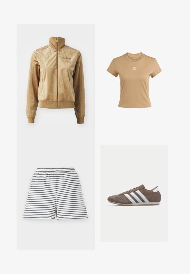 Tan velours zip-up jack met een hoge kraag. Bevat ribgebreide boorden en zoom, zijzakken en een geborduurd logo op de borst.; Beige katoenen t-shirt met een slim fit, ronde halslijn en korte mouwen. Voorzien van een wit Adidas-logo gedrukt op de bovenste borst.; Gestreepte shorts met een wit en marineblauw kleurenschema, elastische tailleband, zachte katoenstof en een ontspannen pasvorm.; Bruine suède sportschoen met witte strepen, ronde neus, vetersluiting en gumrubberen zool. Gestructureerde bovenkant met stikseldetails.