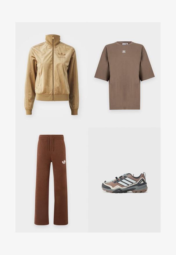 Bež velur jakna s patentnim zatvaračem i visokim ovratnikom. Sadrži rebraste rukave i rub, bočne džepove i izvezeni logotip na prsima.; Smeđa pamuk majica s kratkim rukavima, okruglim izrezom i bijelim Adidas logotipom centriranim na prsima, s jednostavnim dizajnom i opuštenim krojem.; Smeđe trenirke od mekog materijala s opuštenim krojem, s elastičnim pojasom, vezicom i bijelim logotipom na lijevom bedru.; Lagani smeđi i sivi trail tenisice s teksturiranom gornjom površinom, gumenim đonom, reflektirajućim trakama i sustavom vezanja na kopču. Vidljiva oznaka Gore-Tex.