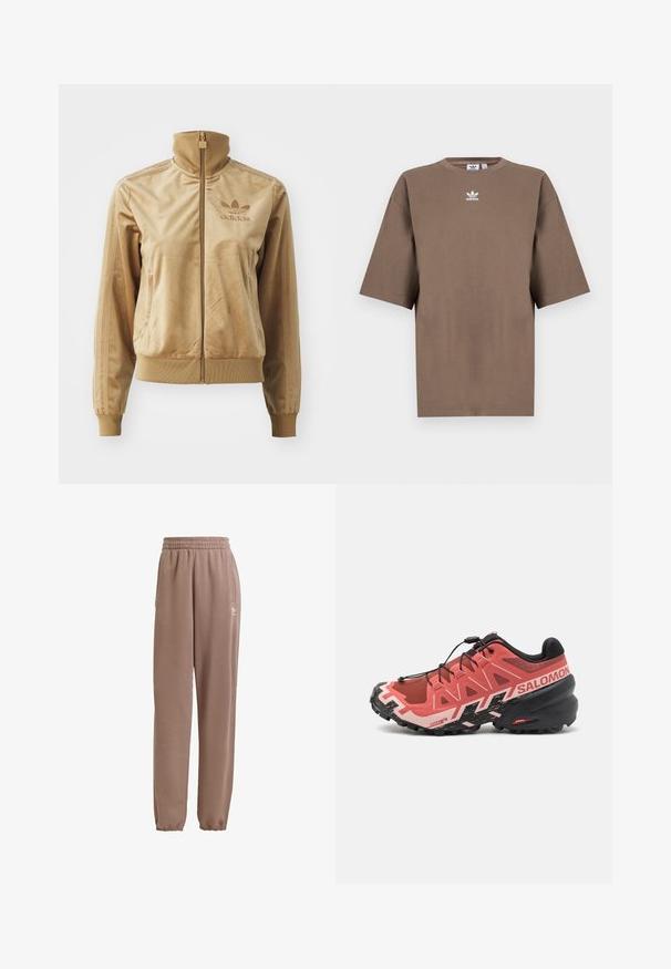 Vaaleanruskea velour-viitta, jossa on korkea kaulus. Ainoa ribbaus hihansuissa ja helmassa, sivutaskut sekä brodeerattu logo rinnassa.; Ruskea puuvillapaita lyhyillä hihoilla, pyöreällä kauluksella ja valkoisella Adidas-logolla, joka on keskitetty rintaan. Paidassa on yksinkertainen muotoilu ja rento istuvuus.; Tummanruskeat hupparit, jotka on valmistettu pehmeästä kankaasta, joissa on joustava vyötärö, sivutaskut ja joustavat hihnat, valkoisella logolla koristeltuna.; Juoksukengät polkujuoksuun vaaleanpunaisina ja mustina. Verkkomateriaali ylhäältä vahvistetuilla päällysteillä, teksturoitu pohja, nopea nauhakiinnitysjärjestelmä ja brändäys kantapäällä.
