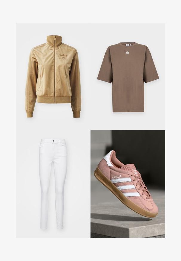 Barna velúr zipzáros dzseki magas gallérral. Bordás mandzsettákkal és aljjal, oldalsó zsebekkel, és hímzett logóval a mellen.; Barna pamut póló rövid ujjakkal, kerek nyakkal és fehér Adidas logóval a mellkason, egyszerű dizájnnal és laza szabással.; Fehér, skinny farmerről van szó, amely elöl gombos záródással, öt zsebből és a szöveten végigfutó sima textúrával rendelkezik.; Rózsaszín velúr sportcipő fehér csíkokkal, gumitalppal, textúrált felsőrésszel és logóval a nyelvén. Klasszikus alacsony fazon.