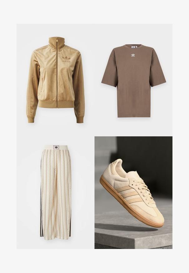 Ταχαλό βελούδινο τζάκετ με κουκούλα ψηλά. Διαθέτει ελαστικά μανίκια και στρίφωμα, πλαινές τσέπες και κεντητό λογότυπο στο στήθος.; Καφέ βαμβακερό μπλουζάκι με κοντά μανίκια, στρογγυλή λαιμόκοψη και λευκό λογότυπο Adidas κεντραρισμένο στο στήθος, με απλό σχέδιο και χαλαρή γραμμή.; Κρεμ παντελόνια σε άλμα με ευρεία γραμμή και μοτίβο ζικ-ζακ, διαθέτοντας ζώνη με μαύρο λογότυπο και πλευρικές μαύρες ρίγες. Ελαφρύ, υφασμάτινο ύφασμα.; Ανοιχτό μπεζ σουέτ αθλητικό παπούτσι με καουτσούκ σόλα, τρεις διαγώνιες ρίγες και υφή στο καπάκι των δακτύλων. Διαθέτει λογότυπο στη γλώσσα και στο πλάι.