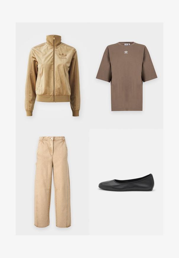 Šviesiai ruda velūrinė striukė su užtrauktuku ir aukštu apykakle. Savybės: pūstos rankovės ir apatinis kraštas, šoninės kišenės bei siuvinėtas logotipas ant krūtinės.; Ruda medvilninė marškinėliai su trumpomis rankovėmis, apvaliu kaklu ir baltu Adidas logotipu, esančiu viduryje krūtinės, pasižymintys paprastu dizainu ir laisvu sijonu.; Šviesiai rudos pločio kojos kelnės su mygtuko uždarymu, dviem šoninėm kišenėm, nežymiais dėvėjimo žymenimis ir sušalusiomis pakraštėmis. Pagamintos iš minkštos, tekstūruotos medžiagos.; Juodai odiniai baletai su apvaliu pirštu, lygi texture, minimalus siuvimo detales ir lanksčiu padų dizainu.