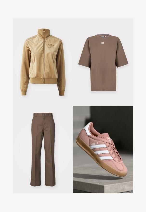 Veltīgs bēšs ar zips aizdara žakets ar augstu apkakli. Satur ribotās aproces un apakšmala, sānu kabatas un izšuvumu uz krūts.; Brūna kokvilnas T-krekls īsām piedurknēm, apaļa kakla izgriezums, ar baltu Adidas logo centrā krūtīs, ar vienkāršu dizainu un brīvu piegriezumu.; Brūna kokvilnas bikses ar taisnu kāju dizainu, ar gludu priekšpusi un jostas cilpām. Gluda tekstūra, nav redzamu rakstu vai akcentu.; Rozā zamša sporta apavi ar baltām svītrām, gumijas zole, teksturēts augšdaļas materiāls un logo uz mēles. Klasisks zema profila dizains.