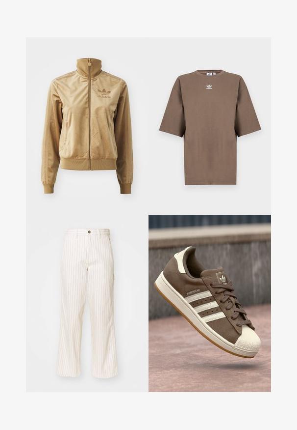 Jaqueta de veludo bege com fecho éclair e gola alta. Apresenta punhos e bainha canelados, bolsos laterais e logótipo bordado no peito.; T-shirt de algodão castanho com mangas curtas, decote redondo e logo branco da Adidas centrado no peitoral, apresentando um design simples e um corte descontraído.; Calças de perna larga em tecido creme com finas riscas verticais vermelhas. Apresentam um fecho com botão e bolsos frontais, textura suave.; Sapatilha de camurça castanha com riscas brancas, detalhes em creme e biqueira de borracha. Apresenta um design com atacadores e sola de borracha texturizada.