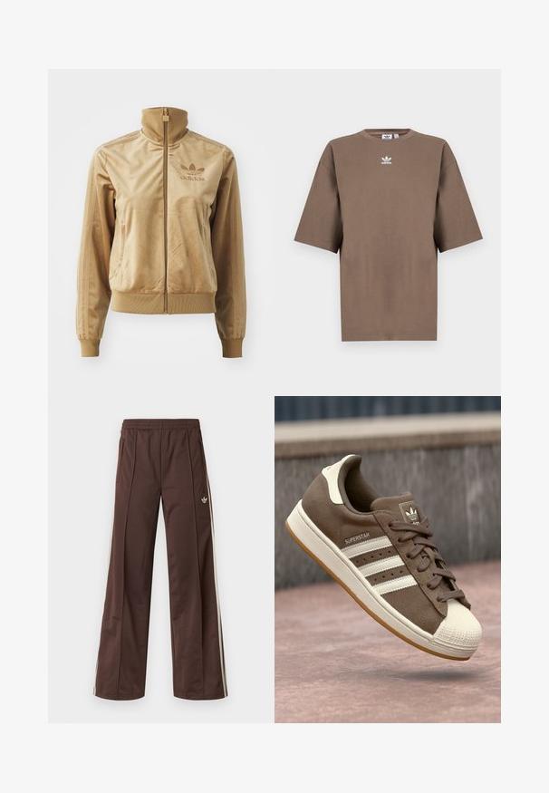 Tan velour zip-up jacket with a high collar. Features ribbed cuffs and hem, side pockets, and embroidered logo on the chest.; Brown cotton t-shirt with short sleeves, round neck, and white Adidas logo centered at the chest, featuring a plain design and relaxed fit.; Brown athletic pants with a wide-leg design, white side stripes, an elastic waistband, and two side pockets. Features small logo on the leg.; Brown suede sneaker with white stripes, cream accents, and a rubber shell toe. Features lace-up design and textured gum sole.