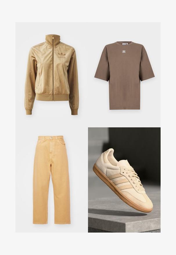 Chaqueta de felpa de color beige con cremallera y cuello alto. Presenta puños y dobladillo acanalados, bolsillos laterales y un logo bordado en el pecho.; Camiseta de algodón marrón con mangas cortas, cuello redondo y logo blanco de Adidas centrado en el pecho, con un diseño liso y un ajuste relajado.; Carhartt WIP BRANDON PANT - Vaqueros boyfriend - bourbon; Zapatillas de ante beige claro con suela de goma, tres rayas diagonales y una puntera texturizada. Presenta el logo en la lengüeta y en el lateral.