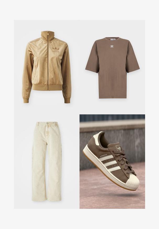 Bež velur jakna na zip z visokim ovratnikom. Ima rebraste manšete in rob, stranske žepe ter izvezeno logo na prsih.; Brahna bomba majica s kratkimi rokavi, okroglo ovratnikom in belim Adidasovim logotipom v sredini prsnega dela, z enostavnim dizajnom in sproščenim krojem.; Bež široke kavbojke z visokim pasom, ki imajo sprednje gumbe in zadrgo, zankice za pas in stranske žepke. Mehka tekstura.; Svetlo rjave semiš teniske z belimi črtami, kremnimi dodatki in gumijastim zaščitnim toe-delom. Imajo vezanje in teksturiran gumijast podplat.
