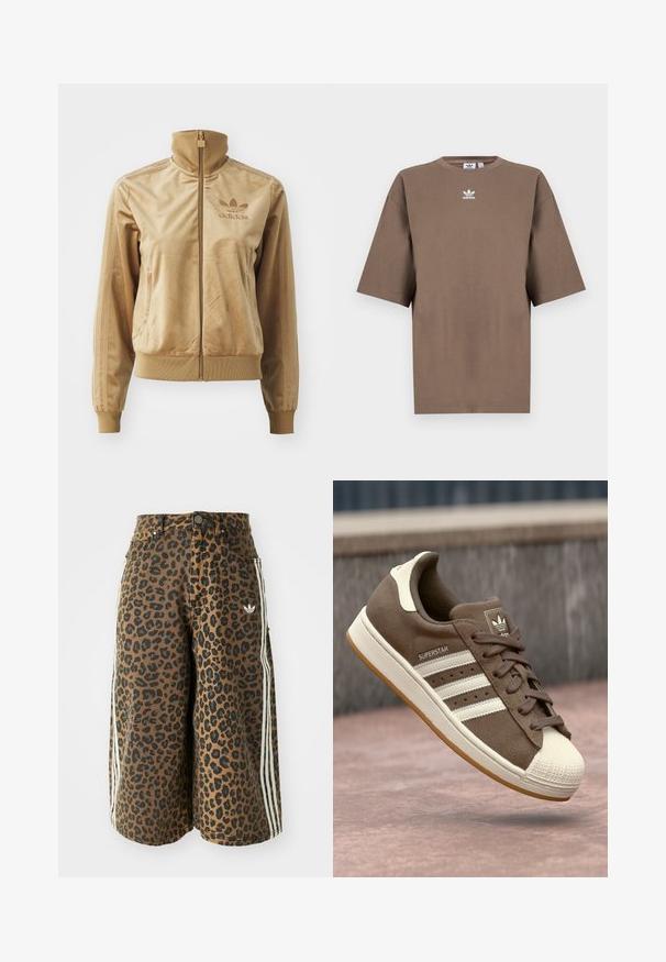 Béžová sametová bunda na zip s vysokým límcem. Obsahuje žebrované manžety a lem, boční kapsy a vyšívané logo na hrudi.; Hnědé bavlněné tričko s krátkým rukávem, kulatým výstřihem a bílým logem Adidas umístěným uprostřed hrudi, s jednoduchým designem a uvolněným střihem.; Hnědé široké šortky s černým leopardím potiskem, bílými postranními pruhy, zapínáním na knoflík, předními kapsami a malým logem Adidas na pravé straně.; Hnědé semišové tenisky s bílými pruhy, krémovými akcenty a gumovou špičkou. Obsahují šněrovací design a strukturovanou gumovou podrážku.