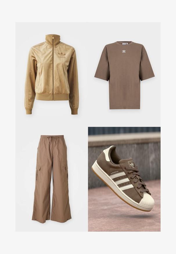 Tan velours zip-up jack met een hoge kraag. Bevat ribgebreide boorden en zoom, zijzakken en een geborduurd logo op de borst.; Bruine katoenen t-shirt met korte mouwen, ronde hals en wit Adidas-logo gecentreerd op de borst, met een eenvoudige uitstraling en een relaxte pasvorm.; Bruine, losse cargobroek met een elastische tailleband en zijflapzakken, wijd beenontwerp, gepresenteerd tegen een witte achtergrond.; Bruine suède sneakers met witte strepen, crème accenten en een rubberen shellneus. Voorzien van een vetersluiting en een textuur van gumzool.