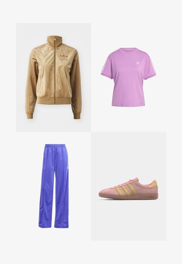 Tan velours zip-up jack met een hoge kraag. Bevat ribgebreide boorden en zoom, zijzakken en een geborduurd logo op de borst.; Paarse korte mouwen t-shirt van katoen met een geribbelde halslijn en witte zijkanten; heeft een klein wit Adidas-logo op de borst.; adidas Originals FIREBIRD LOOSE TRACK - Trainingsbroek - energy ink; Roze suède sneaker met drie gele strepen, ronde neus en een gestructureerde rubberen zool. Laag profielontwerp met een gevoerde kraag.