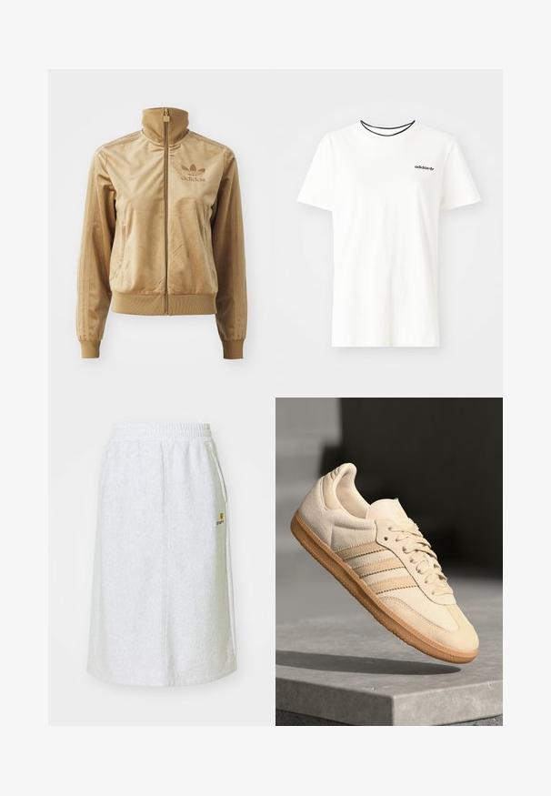 Tan velours zip-up jack met een hoge kraag. Bevat ribgebreide boorden en zoom, zijzakken en een geborduurd logo op de borst.; Witte katoenen t-shirt met korte mouwen en een ronde halslijn. Heeft een zwart Adidas-logo op de borst en een contrasterende zwarte binnenkraag.; Lichtgrijze sweatshirtrok met een elastische tailleband, zijzakken en een klein logo in goud op de voorkant. Zacht, gestructureerd materiaal.; Lichtbeige suède sneaker met een gumrubberen buitenzool, drie diagonale strepen en een textuur op de neus. Voorzien van een logo op de tong en de zijkant.
