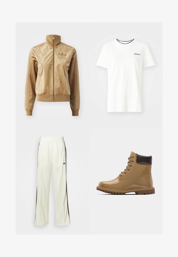 Vaaleanruskea velour-viitta, jossa on korkea kaulus. Ainoa ribbaus hihansuissa ja helmassa, sivutaskut sekä brodeerattu logo rinnassa.; Valkoinen puuvillainen t-paita lyhyillä hihoilla ja pyöreällä kaula-aukolla. Rinnassa musta Adidas-logo ja erottuva musta sisäkaulus.; Kermanväriset collegehousut rentossa leikkauksessa, joissa on tummanruskeat sivuraidat ja brodattu logo vasemmassa reisissä.; Tan nahkasaappaat nilkkoihin, joissa on ruskeita yksityiskohtia, pyöreä kärki, kuusi metallista silmukkaa, ruskeat nauhat ja rakennekumi-pohja.
