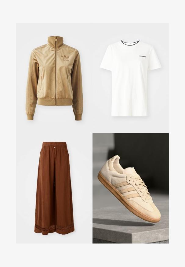 Bež velur jakna s patentnim zatvaračem i visokim ovratnikom. Sadrži rebraste rukave i rub, bočne džepove i izvezeni logotip na prsima.; Bijela pamučna majica kratkih rukava s okruglim izrezom. Ima crni Adidas logo na prsima i kontrastnu crnu unutrašnju ovratniku.; Široke smeđe hlače izrađene od teksturiranog materijala, s naboranim pojasom i čipkastim detaljima na rubu.; Svijetlosmeđi nubuk tenisice s gumenim potplatom, tri dijagonalne pruge i teksturirani vrh. Sadrži logo na jeziku i bočnoj strani.