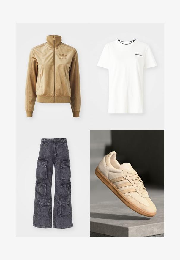 Tan velour zip-up jacka med hög krage. Har ribbade ärmslut och nederkant, sidofickor och broderad logga på bröstet.; Vit bomullströja med korta ärmar och rund halsringning. Har en svart Adidas-logotyp på bröstet och en kontrasterande svart innerkrage.; Alpha Industries MULTIPOCKET PANT - Cargobyxor - black; Ljusbeige mockasneaker med gummisula, tre diagonala ränder och en texturerad tåhuvud. Har logotyp på tungan och sidan.
