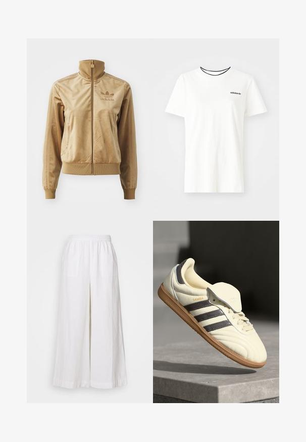 Bež velur jakna s patentnim zatvaračem i visokim ovratnikom. Sadrži rebraste rukave i rub, bočne džepove i izvezeni logotip na prsima.; Bijela pamučna majica kratkih rukava s okruglim izrezom. Ima crni Adidas logo na prsima i kontrastnu crnu unutrašnju ovratniku.; Bijele lanene hlače širokih nogavica s elastičnom gumom u struku, s dvije prednje džepa i laganom, teksturiranom tkaninom.; Kremaste kožne tenisice s tri tamne pruge, smešnim gumiranim potplatom i zaobljenim vrhom. Imaju preklopni jezik označen s "SAMBA."