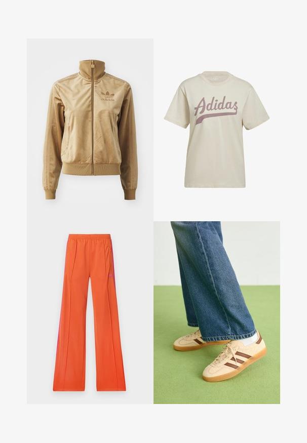Hnedá velúrová mikina s dlhým zipsom a vysokým golierom. Obsahuje rebrované manžety a lem, bočné vrecká a vyšívané logo na hrudi.; Krémové bavlnené tričko s krátkymi rukávmi, na prednej strane so skoseným logom "Adidas" v mauve farbe. Hladká textura, uvoľnený strih.; adidas Originals FIREBIRD - Tepláky - orange/semi lucid fuchsia; Béžové tenisky s textúrovanými krémovými panelmi a hnedými pruhmi, skombinované s modrými džínsami. Džínsy majú široké nohavice a roztrhnutý lem.