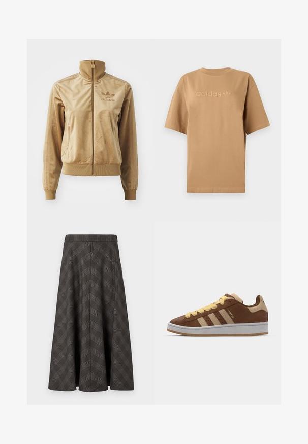 Tan Velours Sweatjacke mit hohem Kragen. Verfügt über gerippte Bündchen und Saum, seitliche Taschen und ein gesticktes Logo auf der Brust.; Braunes Baumwoll-T-Shirt mit kurzen Ärmeln und rundem Ausschnitt. Verfügt über das hervorgehobene "adidas"-Logo und das Trefoil-Emblem in einer passenden Farbe.; Brauner Karomidi-Rock mit ausgestellter Form, glatter Textur, Taillenbund und hellblauen Akzenten im Muster.; adidas Originals CAMPUS 00S DOUBLE - Skateschuh - preloved brown/sand strata/orange tint