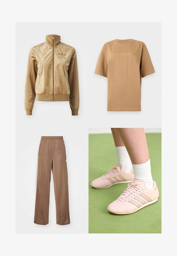 Jaqueta de veludo bege com fecho éclair e gola alta. Apresenta punhos e bainha canelados, bolsos laterais e logótipo bordado no peito.; T-shirt de algodão castanho com mangas curtas e decote redondo. Apresenta o logótipo "adidas" em relevo e o emblema trefoil numa tonalidade correspondente.; Calças de treino castanhas feitas de tecido macio, com um cós elástico, bolsos laterais e detalhes brancos do logótipo no quadril esquerdo.; Ténis atléticos rosa claro com costura diagonal, solas brancas e três riscas laterais. Usados com meias brancas com nervuras sobre uma superfície verde.