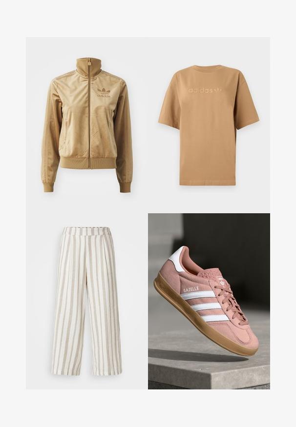 Ταχαλό βελούδινο τζάκετ με κουκούλα ψηλά. Διαθέτει ελαστικά μανίκια και στρίφωμα, πλαινές τσέπες και κεντητό λογότυπο στο στήθος.; Καφέ βαμβακερό T-shirt με κοντά μανίκια και στρογγυλή λαιμόκοψη. Διαθέτει τρισδιάστατο λογότυπο "adidas" και σήμα trefoil σε ταιριαστή απόχρωση.; Λαχανί παντελόνια σε ανοιχτό μπεζ με κρεμ ρίγες. Φτιαγμένα από μια υφασμάτινη υφή, διαθέτουν ελαστική μέση και πλισέ σχέδιο.; Ροζ σουέτ αθλητικά παπούτσια με άσπρες ρίγες, καουτσούκ σόλα, υφή στο πάνω μέρος και λογότυπο στη γλώσσα. Κλασικός σχεδιασμός χαμηλού κορμού.