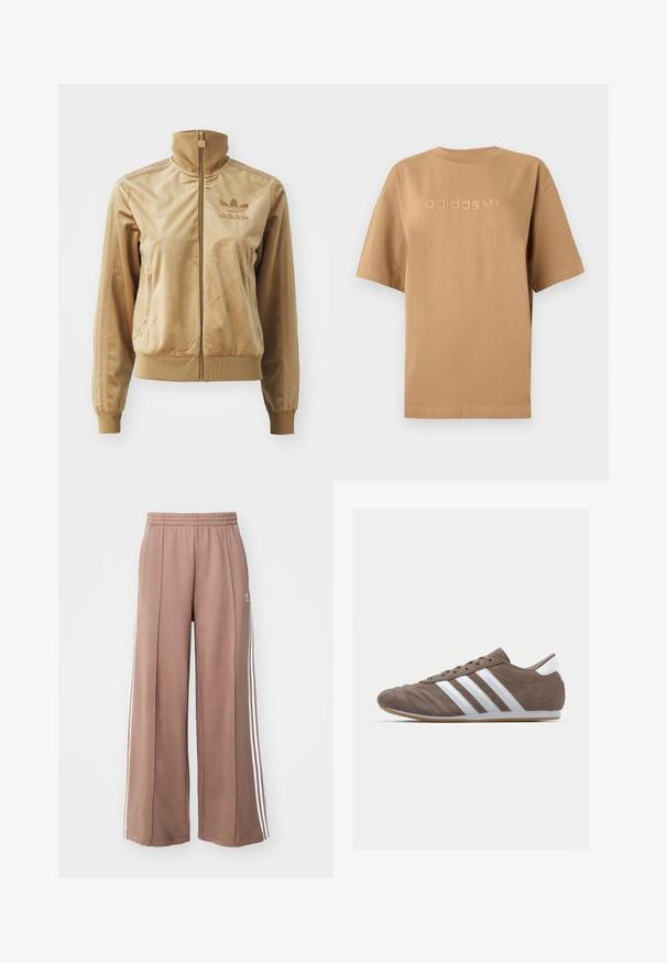 Jaqueta de veludo bege com fecho éclair e gola alta. Apresenta punhos e bainha canelados, bolsos laterais e logótipo bordado no peito.; T-shirt de algodão castanho com mangas curtas e decote redondo. Apresenta o logótipo "adidas" em relevo e o emblema trefoil numa tonalidade correspondente.; Calças de fato largas em castanho, feitas de um tecido suave, com riscas brancas laterais e uma cintura elástica para maior conforto.; Sapatilha de desporto de camurça castanha com riscas brancas, biqueira redonda, design de atacadores e sola de borracha de goma. Parte superior texturizada com detalhes em costura.