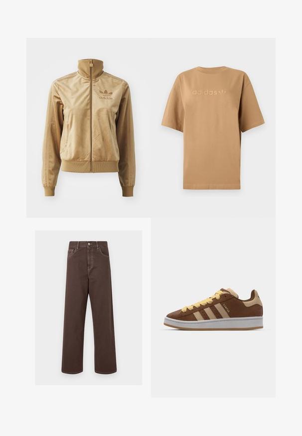 Barna velúr zipzáros dzseki magas gallérral. Bordás mandzsettákkal és aljjal, oldalsó zsebekkel, és hímzett logóval a mellen.; Barna pamut póló rövid ujjakkal és kerek nyakkivágással. Jellemzője a kiemelkedő "adidas" logó és a harmadik levél embléma, mindkettő azonos színben.; Barna, bővített lábú farmernadrág kontrasztos varrással, öt zsebbel és fémből készült gombos záródással. Sima textúra, egyenes szabás.; adidas Originals CAMPUS 00S DOUBLE - Gördeszkacipők - preloved brown/sand strata/orange tint