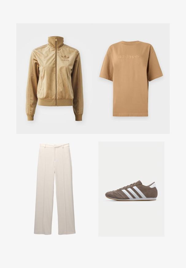 Tan velours zip-up jack met een hoge kraag. Bevat ribgebreide boorden en zoom, zijzakken en een geborduurd logo op de borst.; Bruine katoenen t-shirt met korte mouwen en ronde halslijn. Voorzien van een verhoogd 'adidas' logo en trefoil-embleem in een bijpassende kleur.; Wijde broek in lichtbeige stof met een gladde textuur. Heeft een nauwsluitende tailleband, voorplooien en geen zichtbare zakken.; Bruine suède sportschoen met witte strepen, ronde neus, vetersluiting en gumrubberen zool. Gestructureerde bovenkant met stikseldetails.