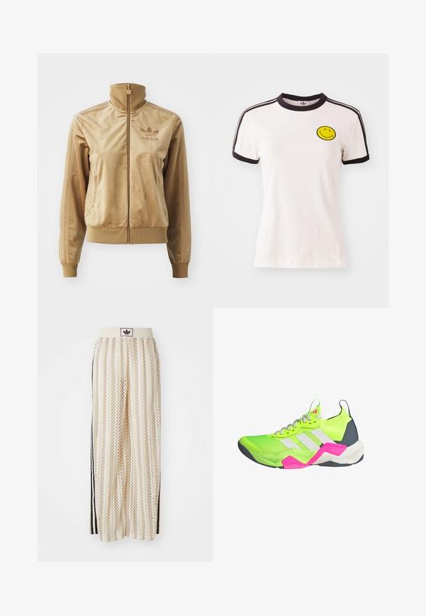 Tan velour zip-up jakke med høj krave. Har ribbede manchetter og kant, sidelommer og broderet logo på brystet.; Hvid bomuld t-shirt med en sort ribbet krave, korte ærmer, sorte striber og et broderet gult smiley ansigt på brystet.; Cremefarvede bukser med vidde, der har et zigzag-mønster, med en sort logoelastik i taljen og sorte striber på siden. Letvægtigt, tekstureret stof.; Neon grøn atletiske sko med grå accenter, tre hvide striber og pink detaljer. Har en tekstureret overdel og en polstret sål.
