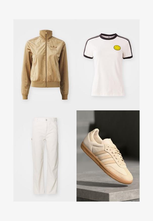 Tan velour zip-up jakke med høy krage. Den har ribbestrikkede mansjetter og kant, sidelommer og brodert logo på brystet.; Hvit bomulls t-skjorte med svart ribbet krage, korte ermer, svarte striper og et gult smilefjes brodert på brystet.; Hvite bomullscargo-bukser med rett ben-design, med sidelommer og knappefeste i midjen. Glatt tekstur.; Lys beige suedette sneakers med gummisåle, tre diagonale striper og en teksturert tåhette. Har logo på tungen og siden.