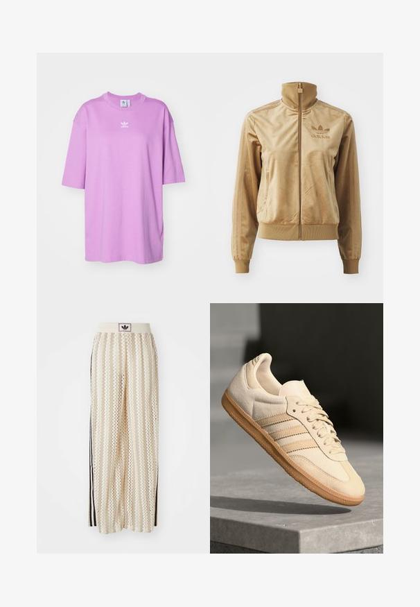 Hnedá velúrová mikina s dlhým zipsom a vysokým golierom. Obsahuje rebrované manžety a lem, bočné vrecká a vyšívané logo na hrudi.; adidas Originals TEE - Základné tričko - preloved purple; Béžové nohavice s širokými nohavicami a zigzagovými vzormi, s čiernym logom na páse a bočnými čiernymi pruhmi. Ľahká, textúrovaná látka.; Svetlo béžová semišová teniska s gumovou podrážkou, tromi diagonálnymi pruhmi a textúrovaným špičkovým krytom. Obsahuje logo na jazyku a boku.