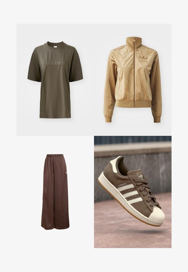 Šviesiai ruda velūrinė striukė su užtrauktuku ir aukštu apykakle. Savybės: pūstos rankovės ir apatinis kraštas, šoninės kišenės bei siuvinėtas logotipas ant krūtinės.; Alyvuogių žalios medvilnės marškinėliai su apvalia iškirpte, trumpomis rankovėmis ir toniniu "adidas" logotipu krūtinėje. Minimalistinis dizainas ir sklandi tekstūra.; adidas Originals Treningo apatinė dalis - auburn cream white; Rudi suede sportbačiai su baltais dryžiais, kreminėmis detalėmis ir guminiu pirštu. Sukurti palaidų raištelių dizaino ir tekstūruotais guminiais padais.