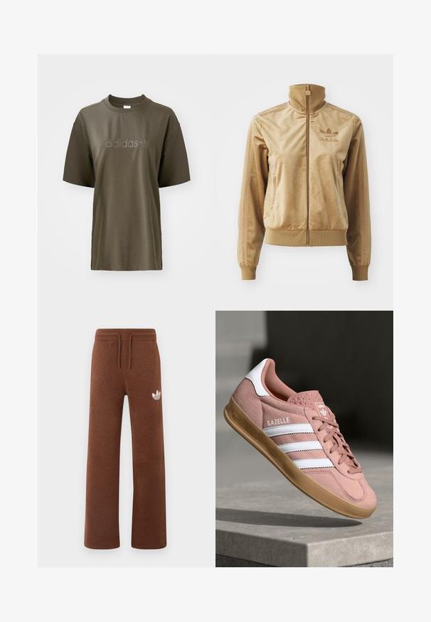 Veltīgs bēšs ar zips aizdara žakets ar augstu apkakli. Satur ribotās aproces un apakšmala, sānu kabatas un izšuvumu uz krūts.; Olīvu zaļš kokvilnas T-krekls ar apaļu kakla izgriezumu, īsām piedurknēm un tonālā "adidas" logo uz krūtīm. Minimalistisks dizains un gluda tekstūra.; Brūni sporta bikses no mīksta auduma ar brīvu piegriezumu, kurām ir elastīgs jostasvīrs, aukliņa un balts logs kreisajā augšstilbā.; Rozā zamša sporta apavi ar baltām svītrām, gumijas zole, teksturēts augšdaļas materiāls un logo uz mēles. Klasisks zema profila dizains.