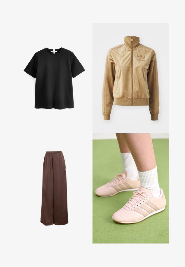 Veltīgs bēšs ar zips aizdara žakets ar augstu apkakli. Satur ribotās aproces un apakšmala, sānu kabatas un izšuvumu uz krūts.; Melnas īsām piedurknēm T-krekls, izgatavots no gludas kokvilnas, ar noapaļotu kakla izgriezumu un taisnu apakšmalu. Vienkāršs, minimāls dizains bez rakstiem.; adidas Originals Treniņtērpa apakšdaļas - auburn cream white; Gaiši rozā sporta apavi ar diagonālu šuvju, baltām zolēm un trim sānu strīpām. Valkāti ar ribotām baltām zeķēm uz zaļas virsmas.