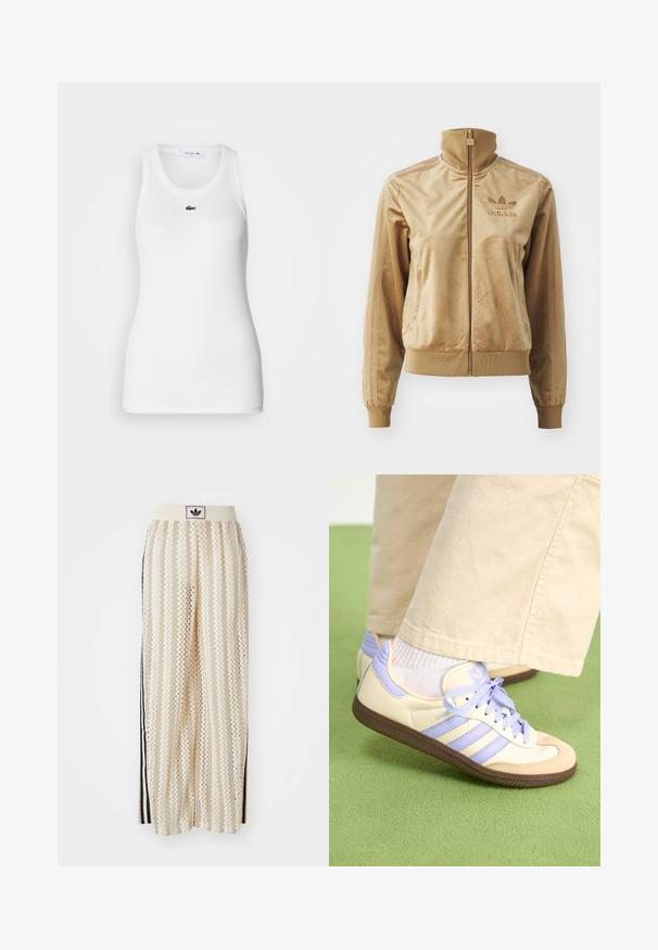Tan velour zip-up jakke med høy krage. Den har ribbestrikkede mansjetter og kant, sidelommer og brodert logo på brystet.; Hvit ermeløs tank topp med rund hals og ribbestruktur. Har et lite grønt Lacoste krokodillelogo på brystet.; Kremfargede bukser med brede ben og zigzag-mønster, med en svart logo-linning og svarte striper på siden. Lett, teksturert stoff.; Kremfargede og lavendelfargede joggesko med tre striper og en teksturert brun såle, med lisser og en polstret hæl. Mykt stofføvre.