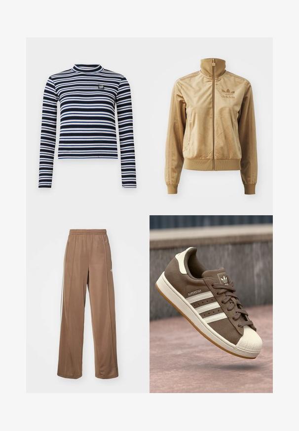 Vaaleanruskea velour-viitta, jossa on korkea kaulus. Ainoa ribbaus hihansuissa ja helmassa, sivutaskut sekä brodeerattu logo rinnassa.; Mustat ja valkoiset raidalliset pitkät hihat paita, jossa on korkea kaula, ribbipinta, sinisiä ja vaaleita korostuksia sekä pieni logo rinnassa.; Ruskeat urheiluhousut, jotka on valmistettu pehmeästä kankaasta. Housuissa on joustava vyötärönauha, sivutaskut ja valkoiset logoakkentit vasemmassa lonkassa.; Ruskeat mokka-tennarit, joissa on valkoiset raidat, kermaiset yksityiskohdat ja kuminen kärki. Varustettu nauhaketjulla ja kuvioidulla kuminpohjalla.