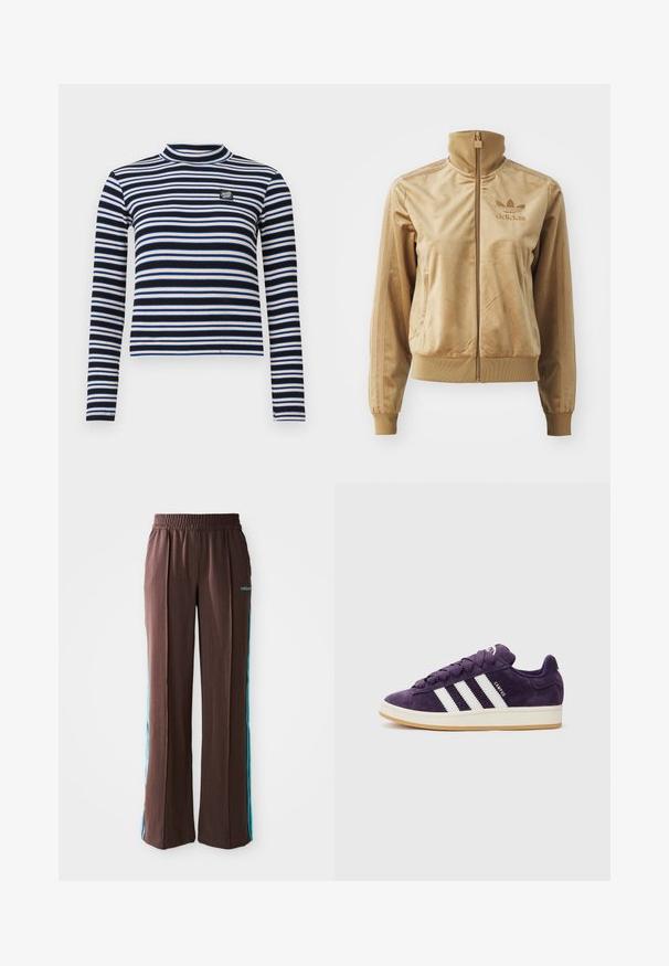 Tan velour zip-up jacket with a high collar. Features ribbed cuffs and hem, side pockets, and embroidered logo on the chest.; Black and white striped long-sleeve top with a high neck, ribbed texture, featuring blue and beige accents and a small logo on the chest.; Brown athletic pants with a ribbed texture, elastic waistband, and turquoise side stripes. Features the adidas logo on the front.; Purple suede sneakers with white stripes and laces, featuring a textured upper and a light-colored rubber sole.