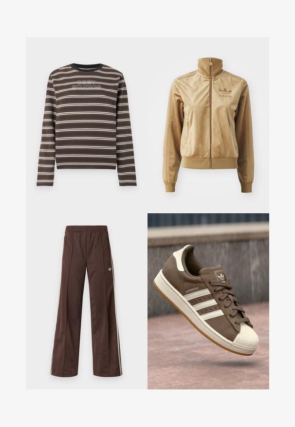 Tan velour zip-up jacket with a high collar. Features ribbed cuffs and hem, side pockets, and embroidered logo on the chest.; Brown and black striped long-sleeve shirt with white "OBEY STUDIOS" text embroidered on the chest, crew neck collar.; Brown athletic pants with a wide-leg design, white side stripes, an elastic waistband, and two side pockets. Features small logo on the leg.; Brown suede sneaker with white stripes, cream accents, and a rubber shell toe. Features lace-up design and textured gum sole.