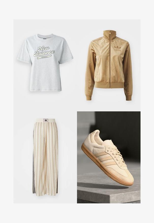 Šviesiai ruda velūrinė striukė su užtrauktuku ir aukštu apykakle. Savybės: pūstos rankovės ir apatinis kraštas, šoninės kišenės bei siuvinėtas logotipas ant krūtinės.; Pilka medvilninė marškinėlių su apvalia iškirpte, trumpomis rankovėmis ir mėlyna bei balta spausdinta "New Balance Athletics" logotipu.; Grietos spalvos plačios kelnės su zigzagų raštu, turinčios juodą logotipo juostą ir šonines juodas juosteles. Lengvas, tekstūruotas audinys.; Šviesiai ruda veliūrinė sportinė avalynė su guminiais padais, trimis įstrižomis juostelėmis ir tekstūruotu pirštų apsauginiu. Ant liežuvio ir šono yra logotipas.