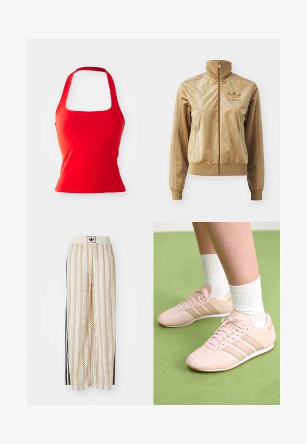 Tan velour zip-up jacket with a high collar. Features ribbed cuffs and hem, side pockets, and embroidered logo on the chest.; Red halter neck tank top with a square neckline, fitted design, and smooth texture. No visible patterns or accents.; Cream-colored wide-leg pants with a zigzag pattern, featuring a black logo waistband and side black stripes. Lightweight, textured fabric.; Light pink athletic shoes with diagonal stitching, white soles, and three lateral stripes. Worn with ribbed white socks on green surface.