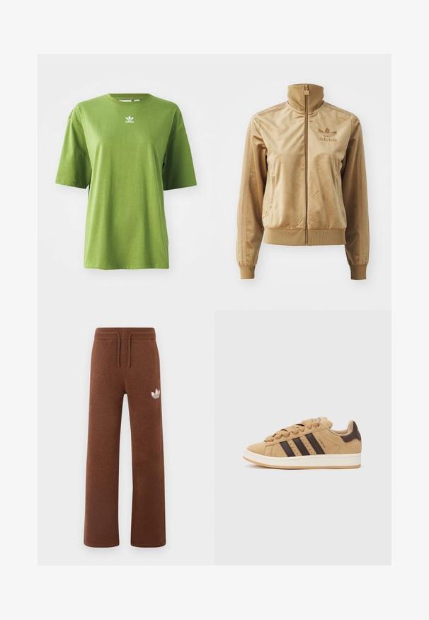 Tan velour zip-up jakke med høj krave. Har ribbede manchetter og kant, sidelommer og broderet logo på brystet.; Grøn bomuld t-shirt med korte ærmer, rund halsudskæring og hvidt Adidas-logo på brystet. Glat tekstur, afslappet pasform.; Brune sweatpants i blødt stof med en afslappet pasform, der har en elastisk talje, snørre og et hvidt logo på venstre lår.; Brune ruskinds sneakers med tre mørkebrune striber, hvid sål og beige snørebånd. Sættes sammen med bukser i teal og hvide striber.