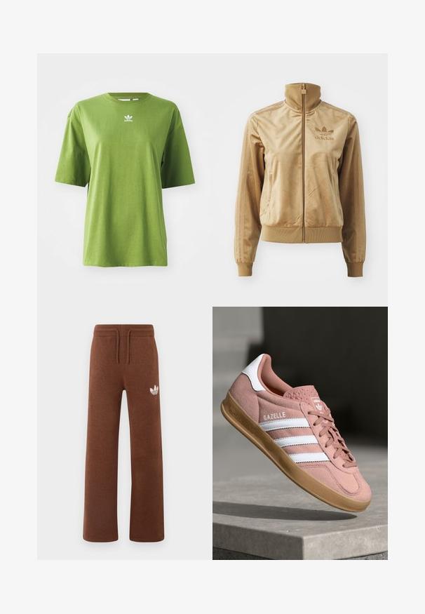 Hnedá velúrová mikina s dlhým zipsom a vysokým golierom. Obsahuje rebrované manžety a lem, bočné vrecká a vyšívané logo na hrudi.; Zelené bavlnené tričko s krátkymi rukávmi, okrúhlym výstrihom a bielym logom Adidas na hrudi. Hladká textúra, voľný strih.; Hnedé teplákové nohavice z mäkkého materiálu s uvoľneným strihom, s elastickým pásom, šnúrkou na stiahnutie a bielym logom na ľavom stehne.; Ružové semišové tenisky s bielymi pruhmi, gumovou podrážkou, textúrovaným vrchom a logom na jazykovej části. Klasický nízkoprofilový dizajn.
