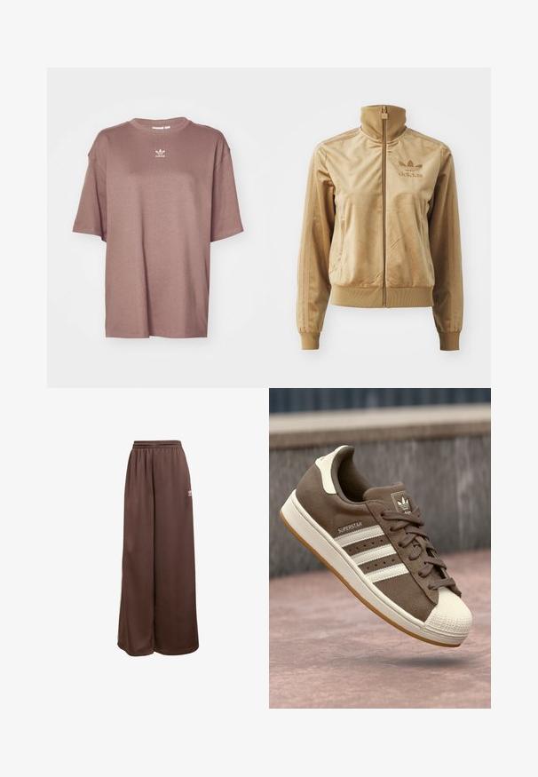 Vaaleanruskea velour-viitta, jossa on korkea kaulus. Ainoa ribbaus hihansuissa ja helmassa, sivutaskut sekä brodeerattu logo rinnassa.; adidas Originals TEE - T-paita - trace brown; adidas Originals Verryttelyhousut - auburn cream white; Ruskeat mokka-tennarit, joissa on valkoiset raidat, kermaiset yksityiskohdat ja kuminen kärki. Varustettu nauhaketjulla ja kuvioidulla kuminpohjalla.