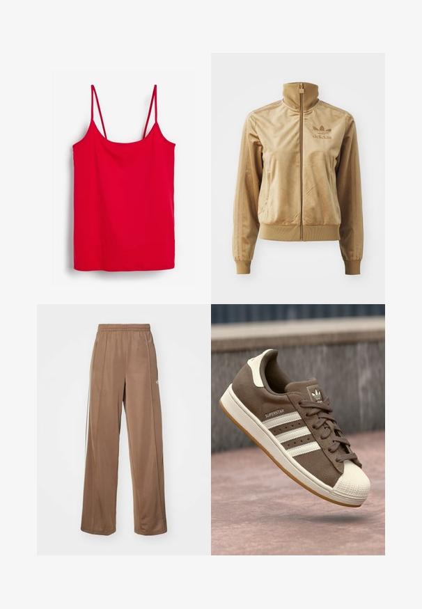 Bež velur jakna na zip z visokim ovratnikom. Ima rebraste manšete in rob, stranske žepe ter izvezeno logo na prsih.; Rdeča kamizola iz gladkega materiala, z blagimi nastavljivimi naramnicami in ravnim robom. Brez dodatnih vzorcev ali podrobnosti.; Rjavi atletski hlače iz mehkega materiala, z elastičnim pasom, stranskimi žepi in belimi logotipskimi poudarki na levem boku.; Svetlo rjave semiš teniske z belimi črtami, kremnimi dodatki in gumijastim zaščitnim toe-delom. Imajo vezanje in teksturiran gumijast podplat.
