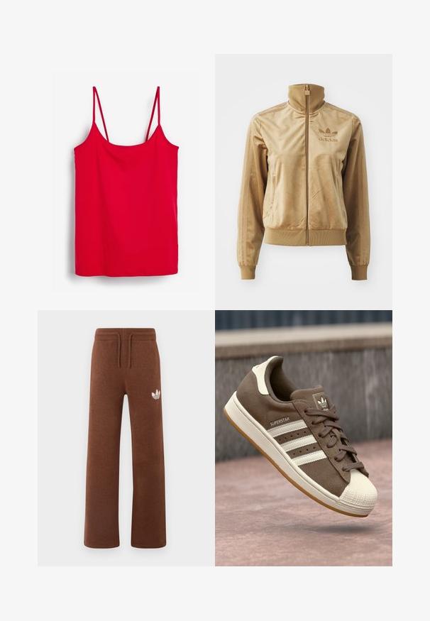 Tan Velours Sweatjacke mit hohem Kragen. Verfügt über gerippte Bündchen und Saum, seitliche Taschen und ein gesticktes Logo auf der Brust.; Rotes Camisole-Top aus glattem Stoff, mit dünnen verstellbaren Trägern und einem geraden Saum. Keine zusätzlichen Muster oder Details vorhanden.; Braune Sweatpants aus weichem Stoff mit lockerem Schnitt, ausgestattet mit einem elastischen Bund, einem Kordelzug und einem weißen Logo am linken Oberschenkel.; Braune Wildleder-Sneaker mit weißen Streifen, crèmefarbenen Akzenten und einer Gummischale an der Zehe. Verfügt über ein Schnürdesign und eine strukturierte Gummisohle.