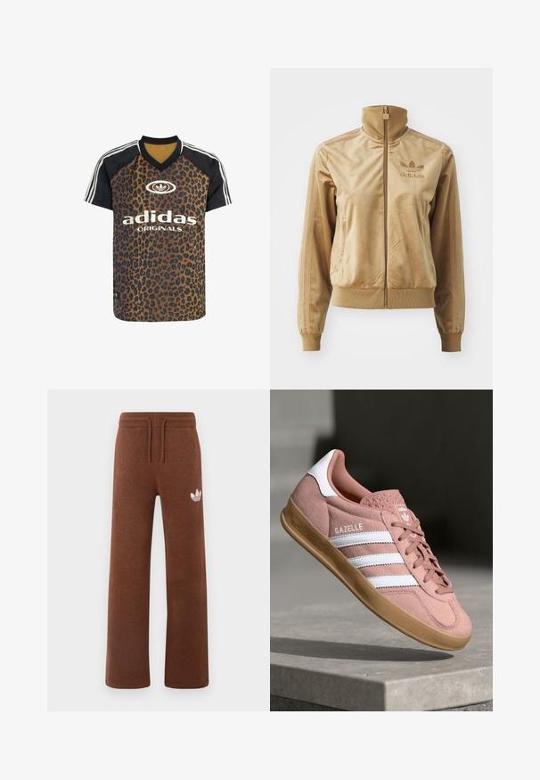Šviesiai ruda velūrinė striukė su užtrauktuku ir aukštu apykakle. Savybės: pūstos rankovės ir apatinis kraštas, šoninės kišenės bei siuvinėtas logotipas ant krūtinės.; adidas Originals LEO PRINT SATIN - Marškinėliai su spaudiniu - multicolor bronze strata; Rudos sportinės kelnės iš minkštos medžiagos, laisvo kirpimo, su elastingu juosmeniu, raišteliu ir baltu logotipu kairiajame šlaunyje.; Rožiniai zomšiniai sportbačiai su baltais dryžiais, guminėmis apatine dalimi, tekstūruotu viršumi ir logotipu ant liežuvėlio. Klasikinis žemas dizainas.